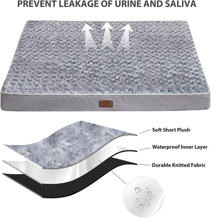 Orthopedic Large Dog Bed, Extra Large Waterproof Dog Bed with Removable Washable Cover & Anti-Slip Bottom,Egg Crate Foam Pet Bed Mat,Soft Rose Plush Pet Crate Mat